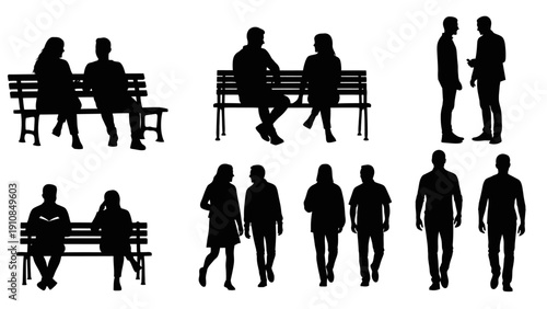 Vector illustration of business people silhouettes including a businessman and woman sitting at an office table with a computer and coffee or sharing a dinner couple outline at a restaurant