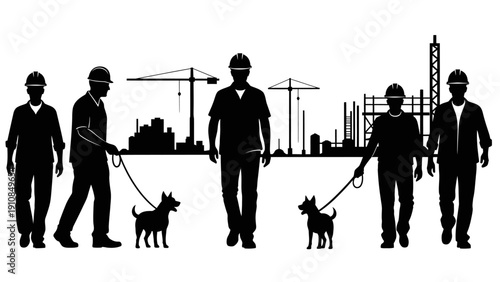 Black silhouette vector illustration of a man and woman walking their pet dog on a leash alongside other people in a city park