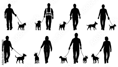 Black silhouettes of a woman, child, and person with a dog walking through a park vector illustration