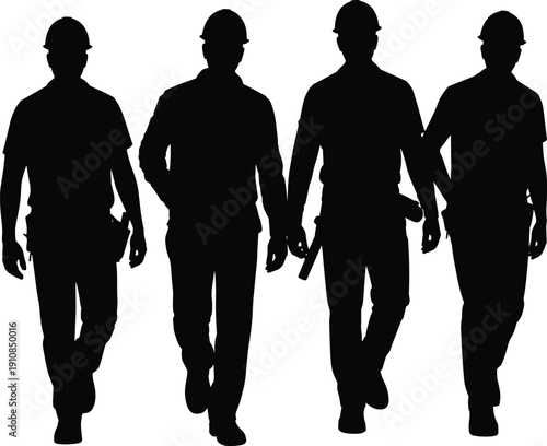 Construction worker silhouettes walking forward, professional builders team isolated on white background