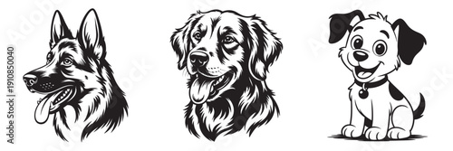 Collection of three distinct dog portraits in black and white illustration style.