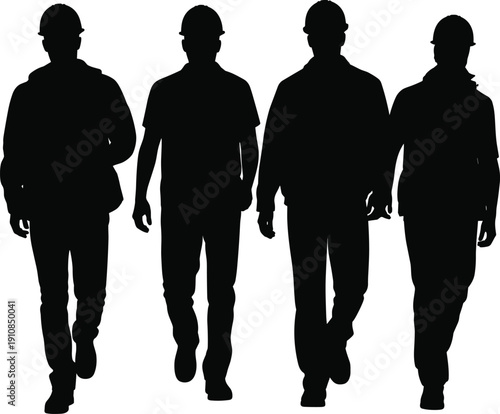 Construction worker silhouettes walking together, professional builders team isolated on white background