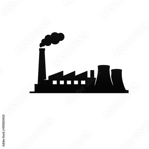 Industrial Factory Complex Silhouette Icon: Manufacturing Plant Vector Symbol with Smoking Chimney and Power Cooling Towers on Dark Background, Representing Industry, Pollution, and Energy Production.