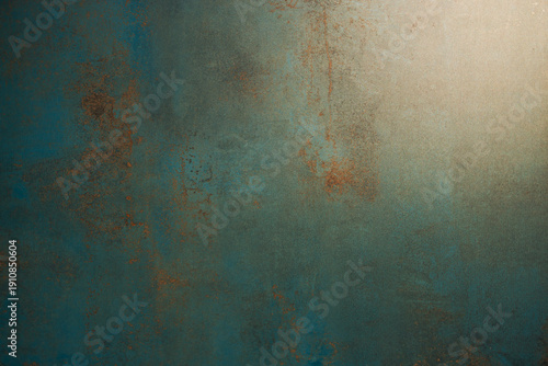Billede på lærred Teal metallic texture showing rust and weathered patina background