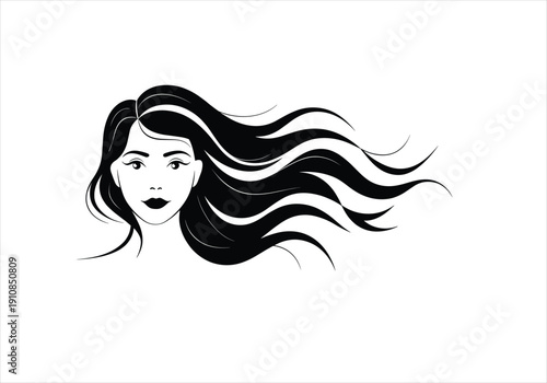 Woman's face with flowing black hair on white background, minimalist vector art