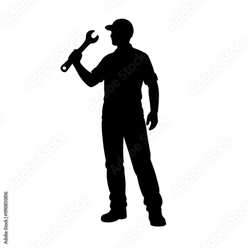 Mechanic Silhouette Holding Wrench: Professional Industrial Laborer, Engineer, or Plumber Symbol Isolated on Black and Gray Background for Service, Maintenance, and Repair Concepts.