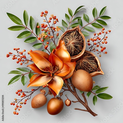 Autumn botanical arrangement with seed pods high resolution picture