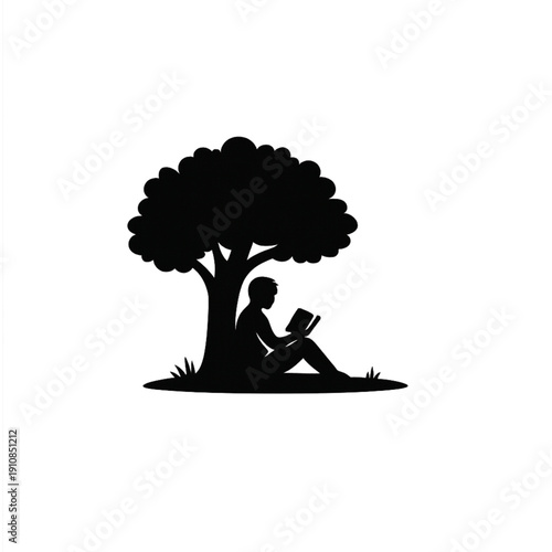 Minimalist Silhouette Icon: Person Enjoying a Book While Sitting Under a Large Tree in Nature – Vector for Literacy, Quiet Time, Study, and Outdoor Relaxation Concept.