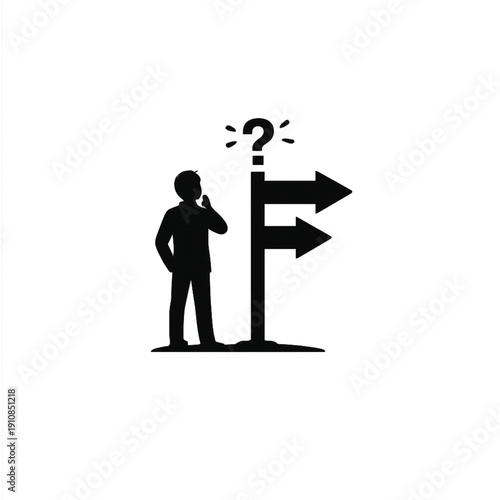Man at Crossroads Icon: Vector Silhouette of Person Confused by Multiple Signpost Arrows, Representing Decision Making, Uncertainty, Direction, and Finding the Right Career Path.