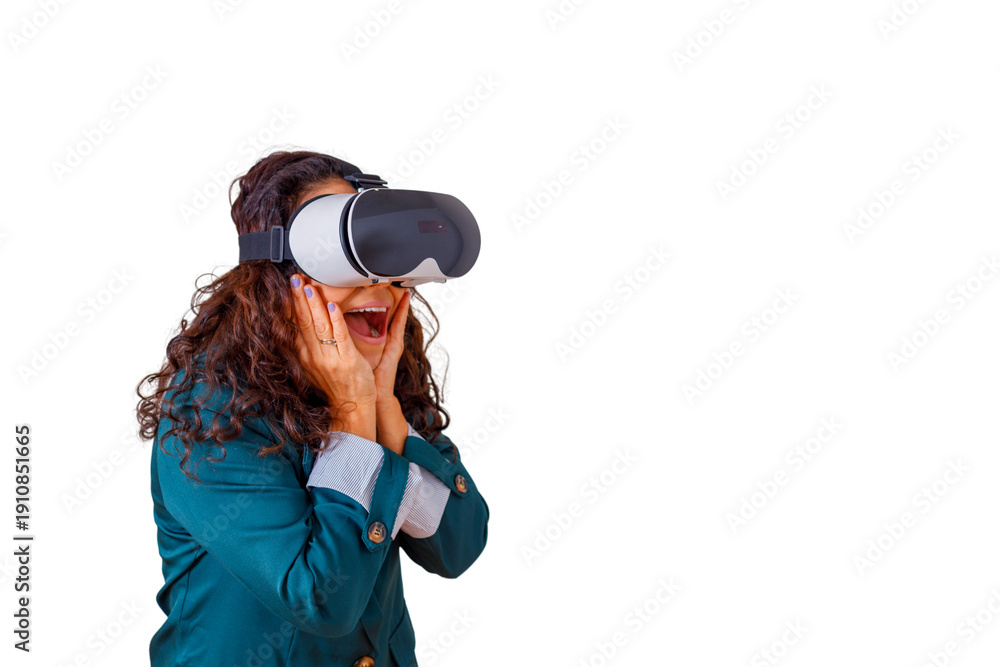 Fototapeta premium Woman experiencing virtual reality, amazed and surprised by immersive digital metaverse technology through vr headset