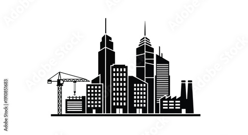 Black and white skyline illustration featuring skyscrapers and a construction crane