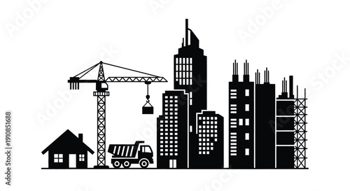 Cityscape under construction with cranes buildings and a small house