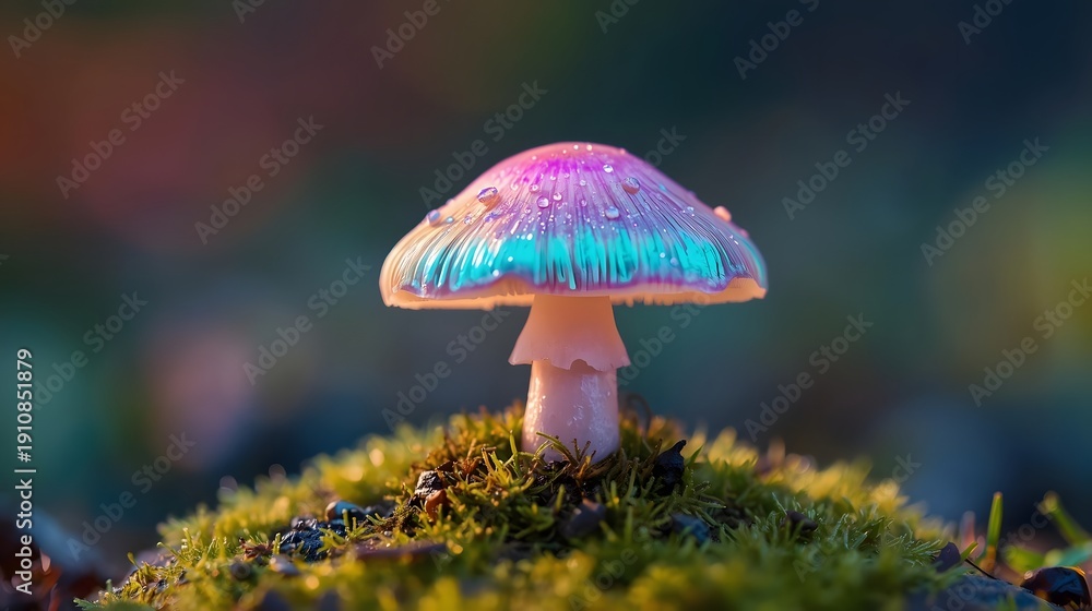 Fototapeta premium Enchanting mushroom with vibrant pink and blue iridescent cap, covered in glistening dew drops, stands on lush green moss in a mystical forest setting. Magical fungi nature backdrop.