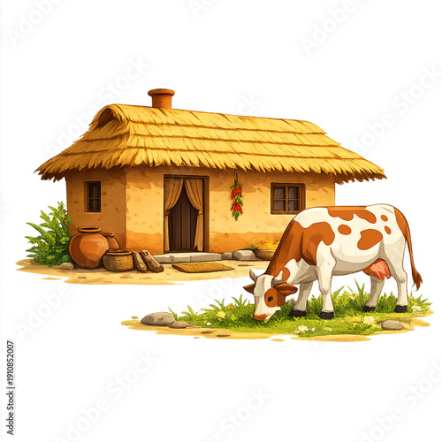 Charming Rustic Farmhouse Illustration with Grazing Cow and Thatched Roof - Cozy Village Scene and Pastoral Life Vector Art for Game Assets, Children's Books, and Rural Themes.