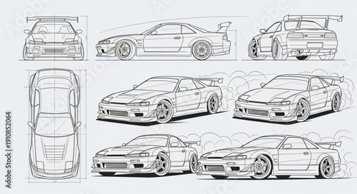 Sports Car Technical Drawings Multiple Views.