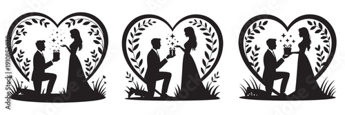 Silhouette of a man proposing to a woman inside a heart shape with floral elements.