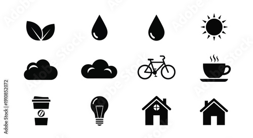 Black silhouette icons depicting weather nature and everyday objects
