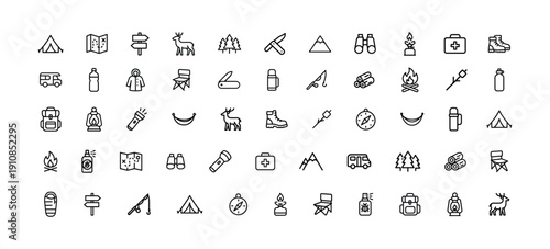 Collection of outdoor adventure and camping icons in a clean, minimalist line art style