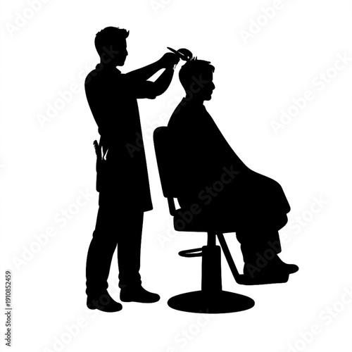 Stylist Cutting Hair of Client in Barber Chair Silhouette: Professional Grooming Service, Modern Hair Salon Icon, Minimalist Barbershop Vector Graphic for Beauty and Fashion Industry Branding.