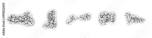 Abstract halftone dot patterns. Collection of monochrome stipple textures, grainy organic shapes and grunge splatters. For retro pop-art designs, overlays and edgy graphics. Vector.