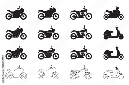 Motorcycle icons set of various silhouettes representing different bike styles and motor transport