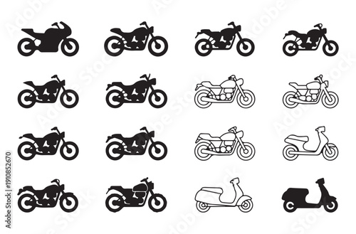 Motorcycle icons collection silhouette various types of motorcycles and scooters vector