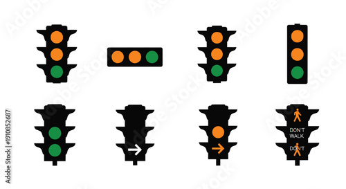 A collection of traffic signals and pedestrian crossing indicators