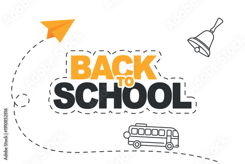 Back to School text with paper airplane and school bus on white background