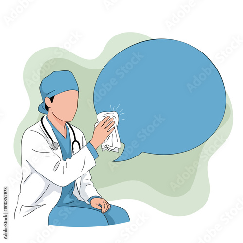 Doctor cleaning a speech bubble. Concept of medical information.