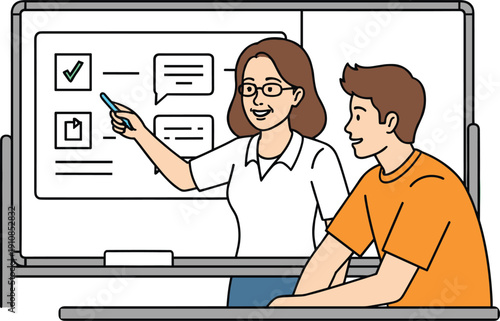 Teacher explaining lesson to student using digital whiteboard classroom illustration for education training learning support modern flat style