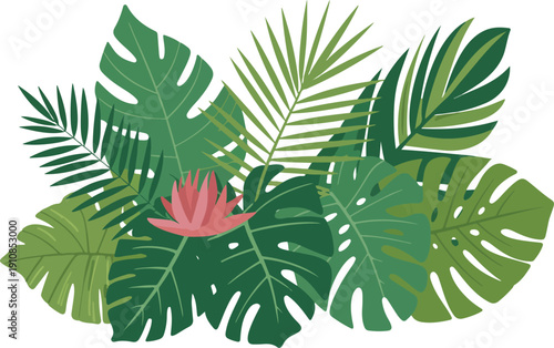 Tropical Plants Vector Set with Fern Leaves, Monstera and Exotic Flowers