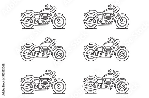Motorcycle vector line art collection featuring classic cruiser bikes for custom design and apparel
