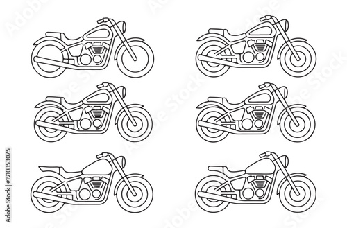 Six black and white line art illustrations of cruiser motorcycles in profile view on white background