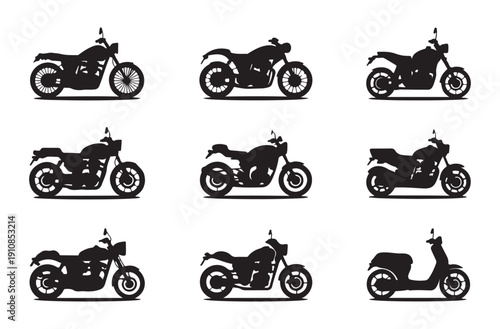 Modern motorcycle silhouettes and scooter vector set for city transport and urban mobility symbols