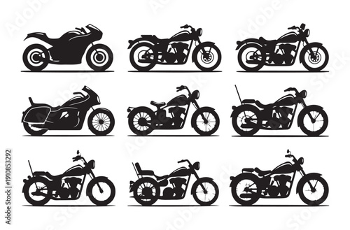 Collection of heavy cruiser motorcycles and bagger style silhouettes for automotive design project