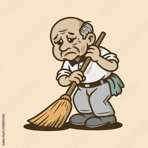 Sad elderly janitor sweeping floor with broom cartoon