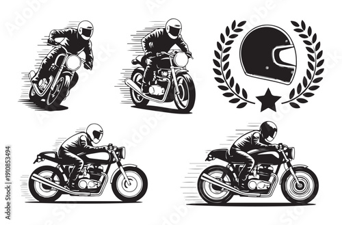 Set of four cafe racer motorcycles with riders and racing helmet emblem isolated on white