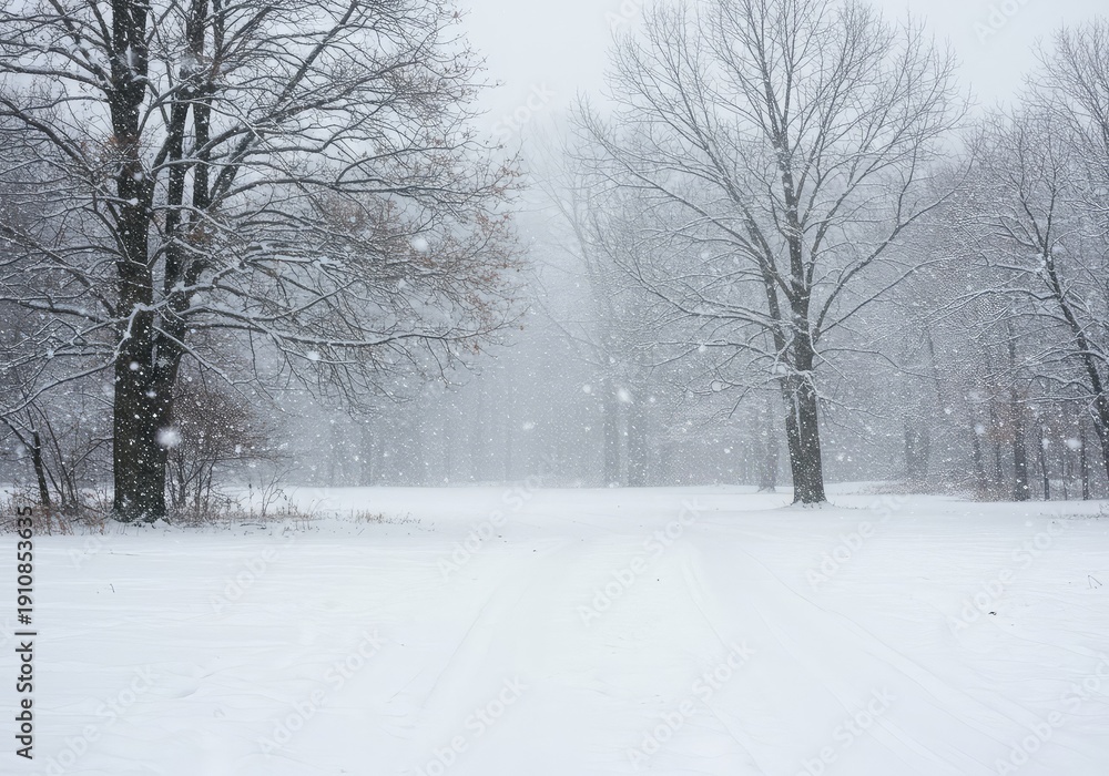 Obraz premium Heavy white flakes descend upon a serene winter landscape covering the ground and trees in fresh powdery snow during a heavy seasonal blizzard ,beautiful ,deep ,falling