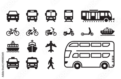 Transportation icons set cars bus train airplane boat scooter bicycle vector