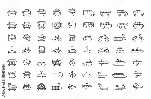 Diverse transport icons set cars bus train airplane boat scooter bicycle vector