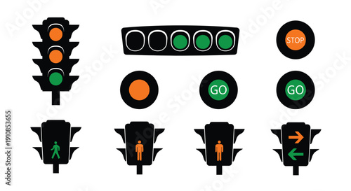 Various traffic signals and pedestrian crossing indicators displayed in black