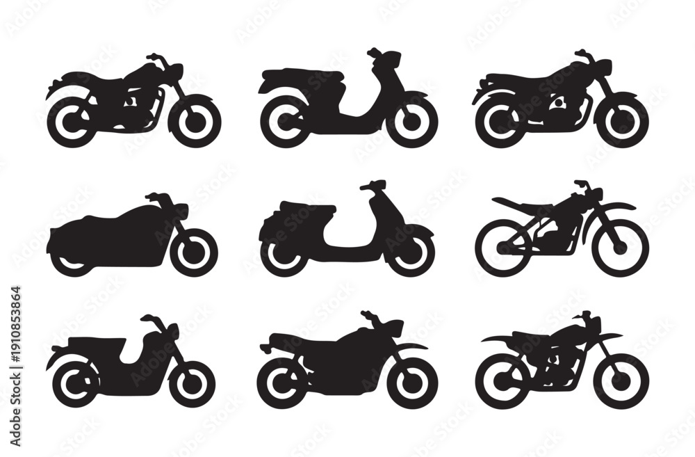 Obraz premium Black silhouette motorcycle and scooter set, various types of motorbikes collection vector illustration