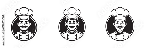 Three identical black and white cartoon chef illustrations in a circular frame.