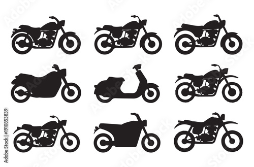 Simplified motorcycle black shapes featuring classic bike frames and urban scooter vector silhouettes