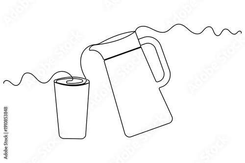Water glass and jug continuous one line art illustration on a clean white background

