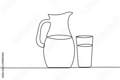 Water glass and jug continuous one line art illustration on a clean white background

