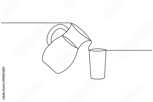 Water glass and jug continuous one line art illustration on a clean white background

