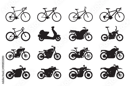 Set of various bicycles and motorcycles, different motorbikes and pushbikes black silhouettes