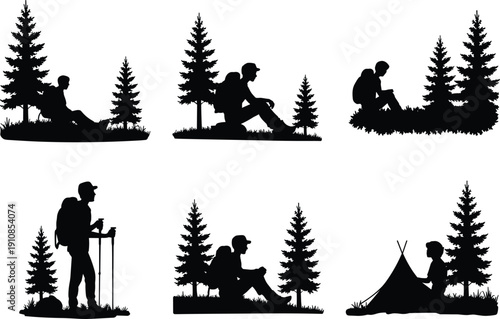 Black silhouette set of outdoor hikers and backpackers trekking through pine forests featuring men walking with poles sitting on rocks and camping by tents