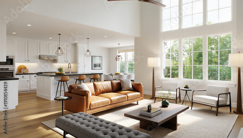 Konstfotografi Modern living room and kitchen interior with natural light